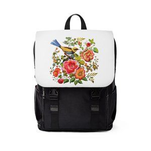 Floral Backpack, Bird Design Bag, Unisex Casual Shoulder Backpack, Canvas Should